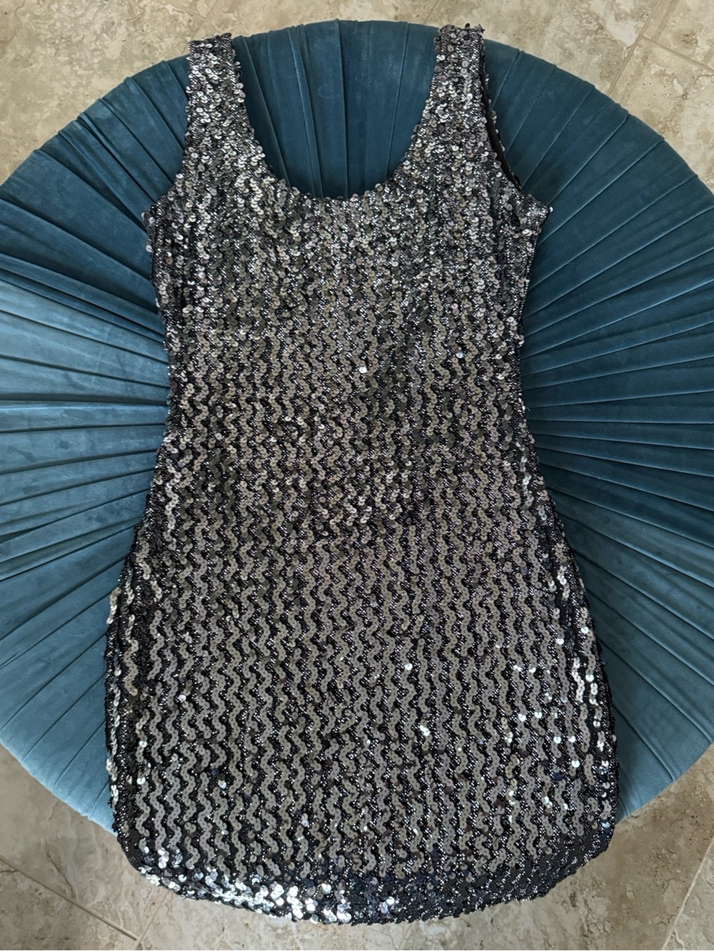 Vintage Silver Sequin on Black/Silver Base, Scoop Neck Bodycon Minidress, Size M